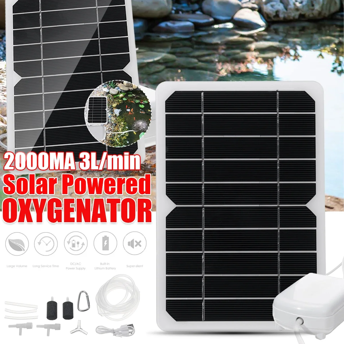 Solar Powered Oxygenator Water Oxygen Pump 5V 1.6L/min Solar Aquarium Fish Tank Air Pump Kit Aquarium Fish Tank Outdoor Pond