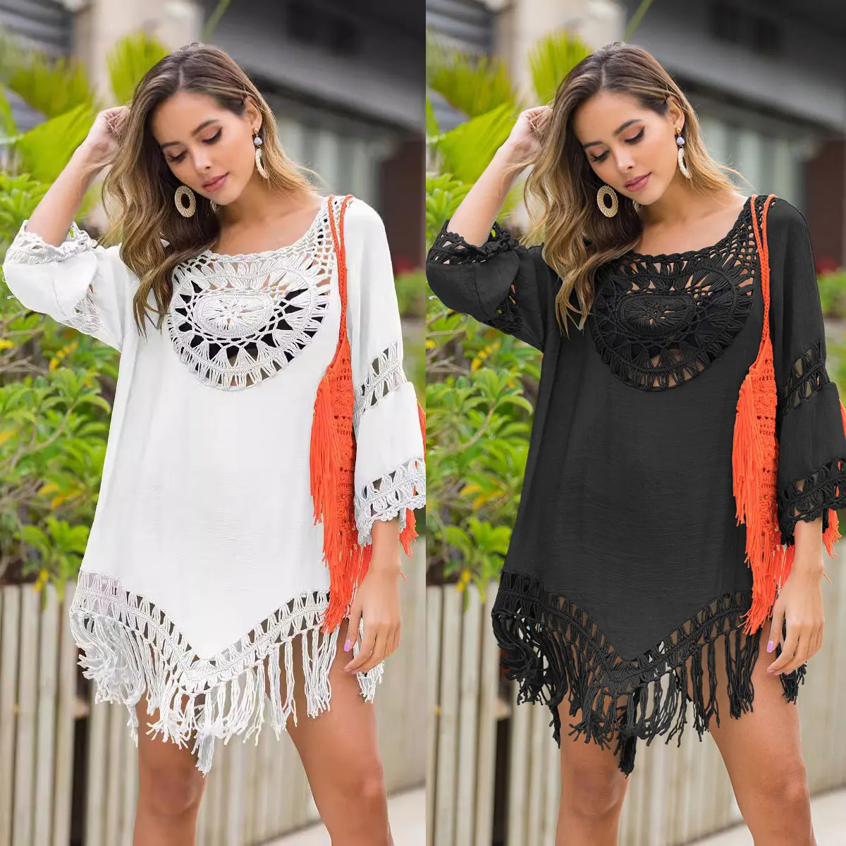 Elegante abito da spiaggia copricostume bikini patchwork all'uncinetto a mano grande rotondo per donna con nappe lunghe scavate o-collo bianco nero