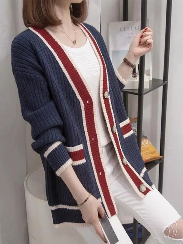 Korean Fashion Sweater Cardigan Women Loose Spliced Knitwears Coat Casual Mid Length Malhas Outerwears Elegant Soft Tops Jackets