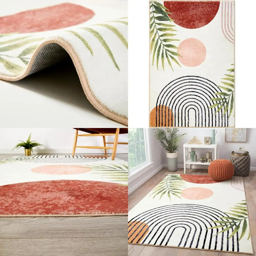 

Mid-Century Modern Washable Rug, Bohemian Chic 4x6 for Home, Abstract Tropical Leaves, Non-Slip Indoor/Entryway Decorative Carpe