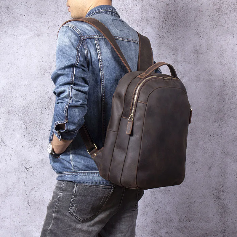 S.WORKER Vintage Echtleder-Rucksack für Herren, klassischer Schulrucksack, 14-Zoll-Laptop-Tagesrucksack, Crazy Horse Rindsleder-Tasche, Preppy-Stil – Detail 5