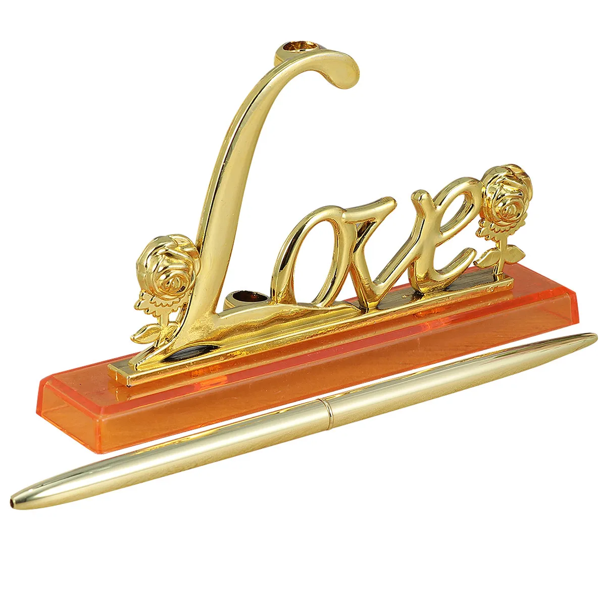 

1Set Signing Pen Wedding Guest Book Rose Design Golden Love Base Holder Reception Desk Decor Elegant Metal Pen