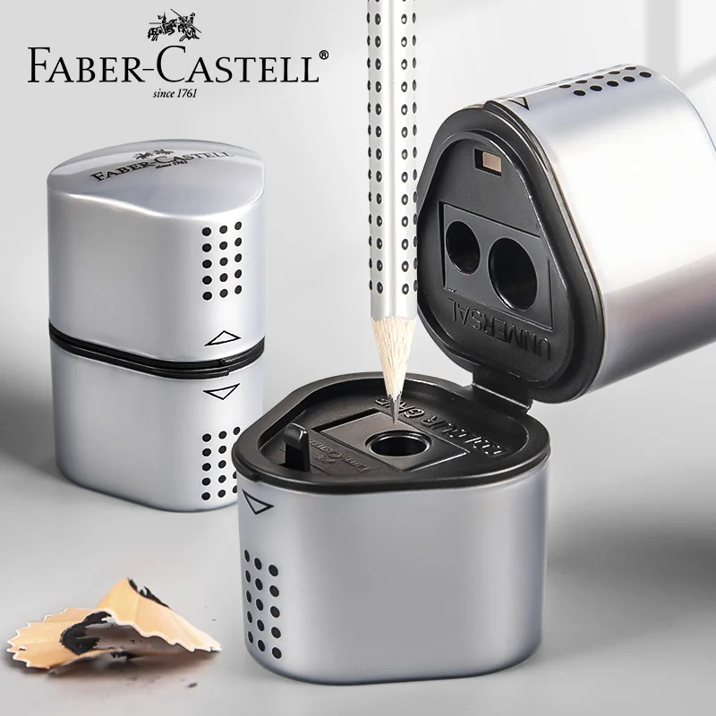 faber castell trio sharpener box grip prata para grafite e lapis de cor tamanhos padrao e jumbo forma triangular ergonomica 01