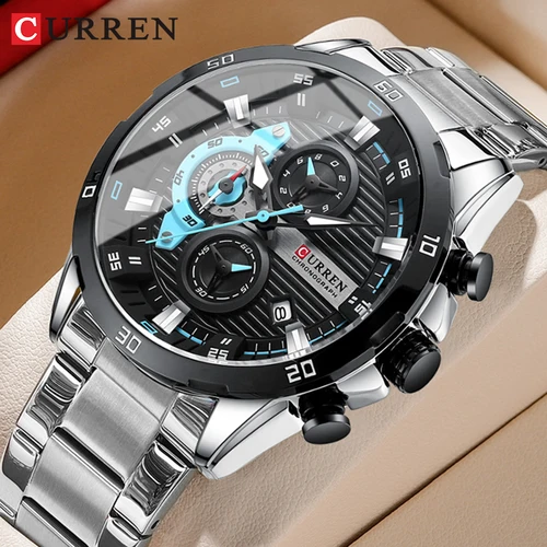 Relojes CURREN de acero inoxidable para hombre, Esfera luminosa de moda creativa con cronógrafo, relojes de pulsera informales para hombre