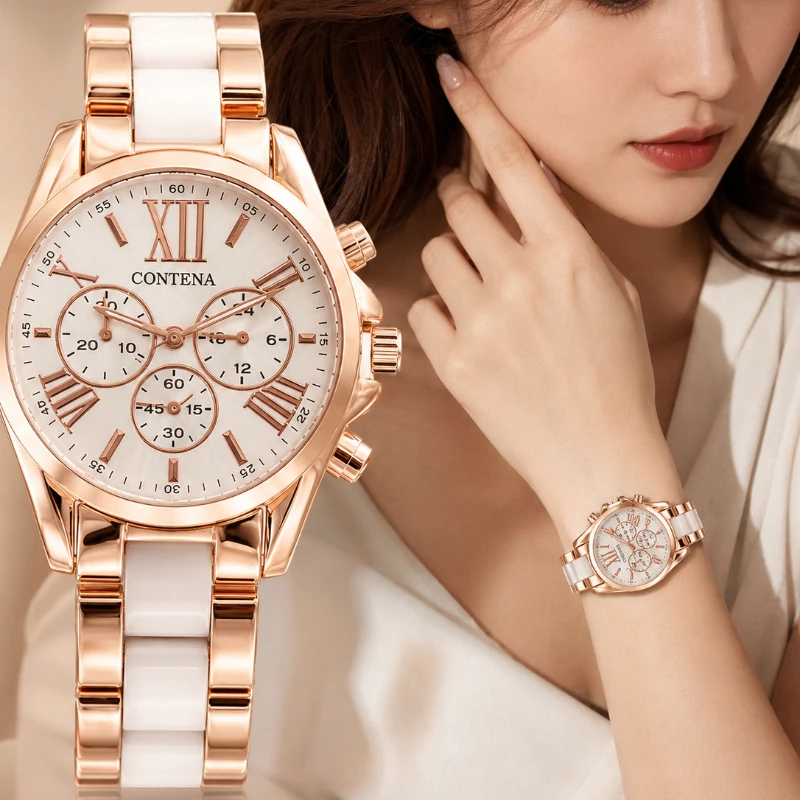 CONTENA Luxury Women Watches Fashion Chronograph Steel Band Quartz Ladies Wristwatch Elegant Dress Female Watch Clock Gift Reloj