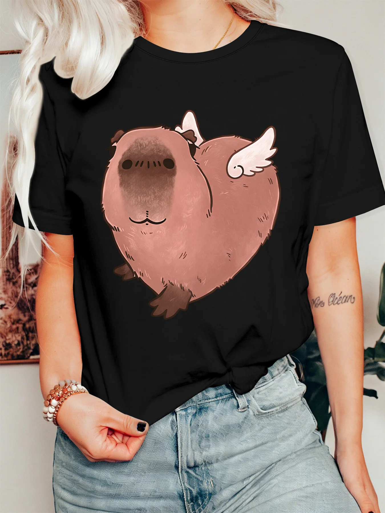 Angel Wing Heart Capybara Womens T Shirt Lovely Fantasy Cute Animal Cartoon Graphic Tee Short Sleeve Casual Daily Ladies Tops