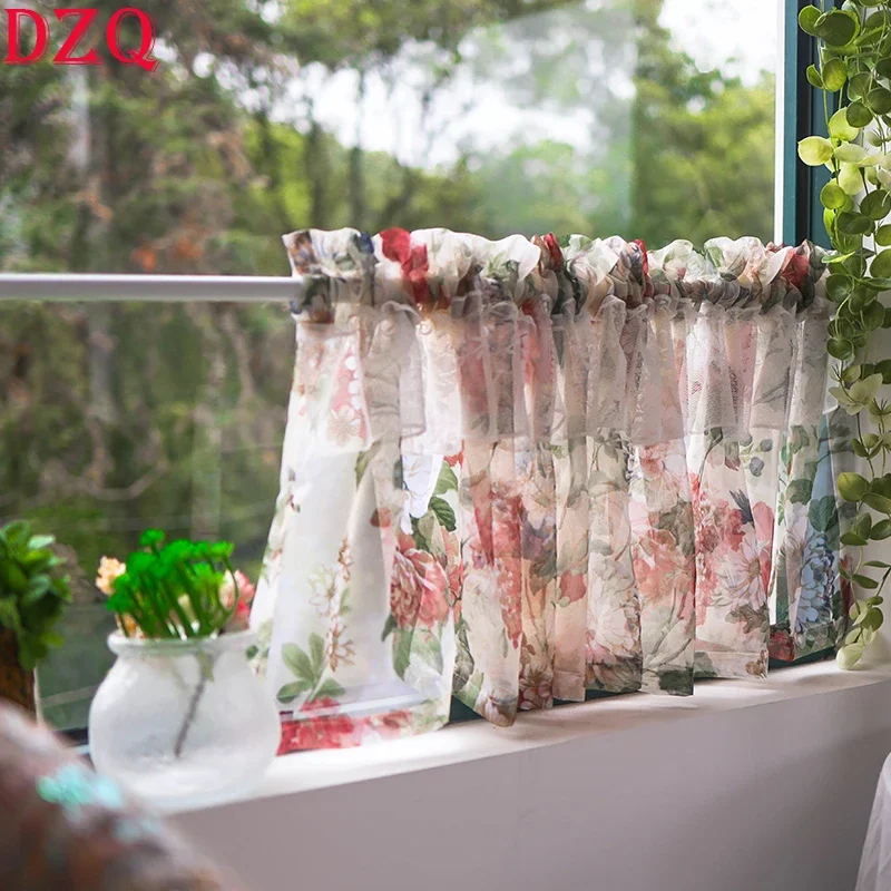 

Double Pleated American Style Flowers Short Curtains Korea Pastoral Floral Lace Yarn Half Curtains for Kitchen Valance #A043