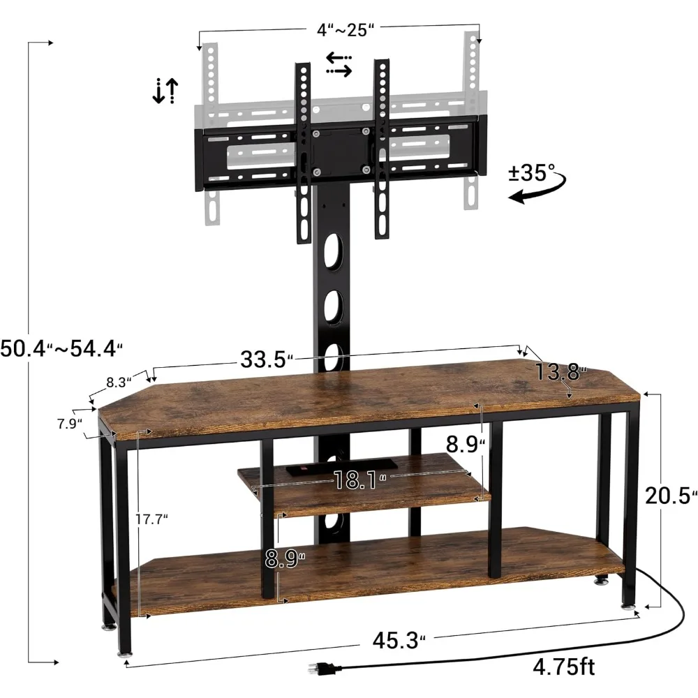 TV Stand with Mount and LED Light, Corner with Storage and Power Outlet, Swivel Television for TVs Up to 60