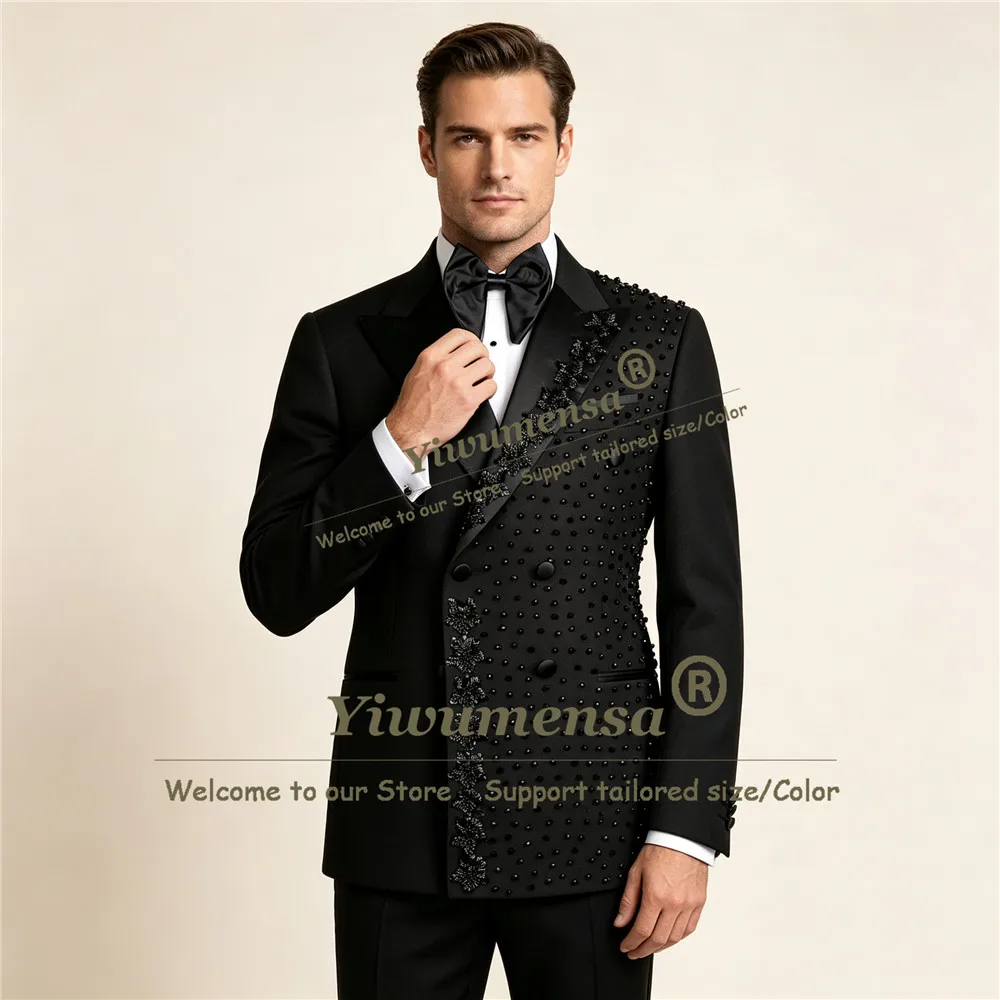 Luxury Pearls Beadwork Men Suit Sets Double Breasted Jacket Pants 2 Piece Sets Groom Wedding Tuxedo Customized Male Fashion Coat