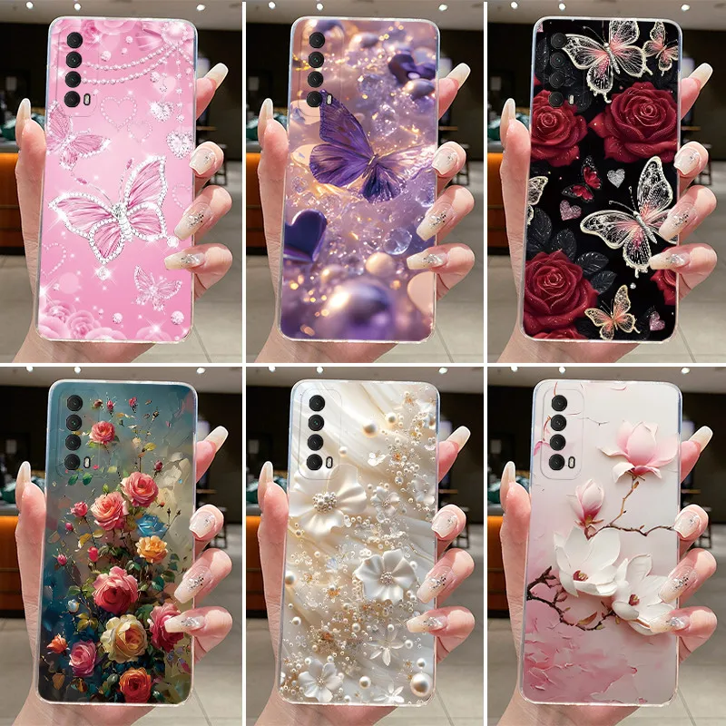 For Huawei P Smart 2021 Case Clear Soft TPU Flower Butterfly Back Cover For Huawei Y7a Phone Cases For Huawei PSmart 2021 Funda