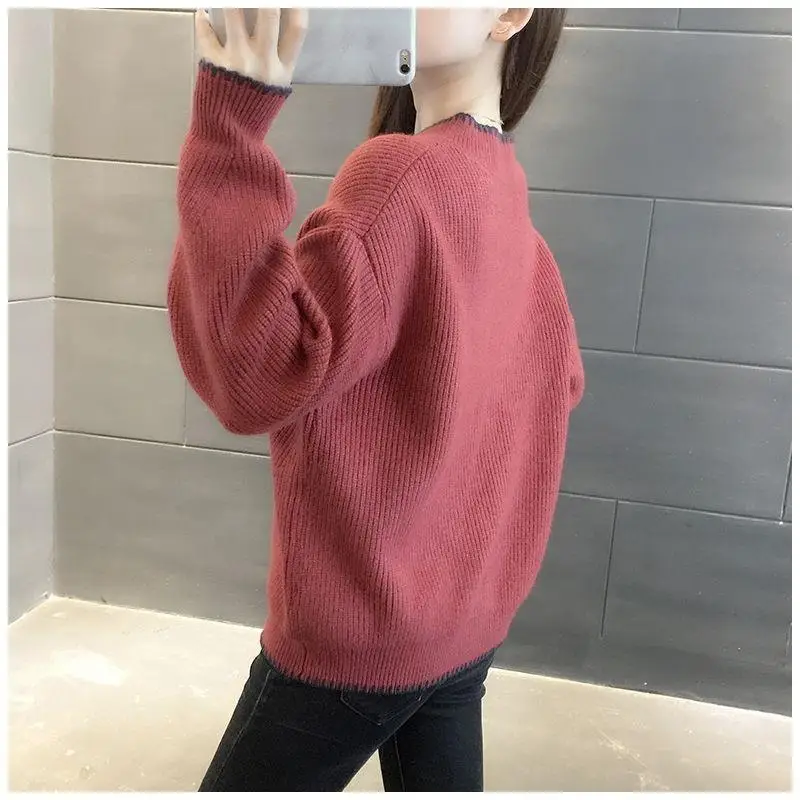 Autumn and Winter Women\'s Contrast Color Half High Collar Long Sleeve Knitted Sweaters Jumpers All-match Fashion Casual Tops