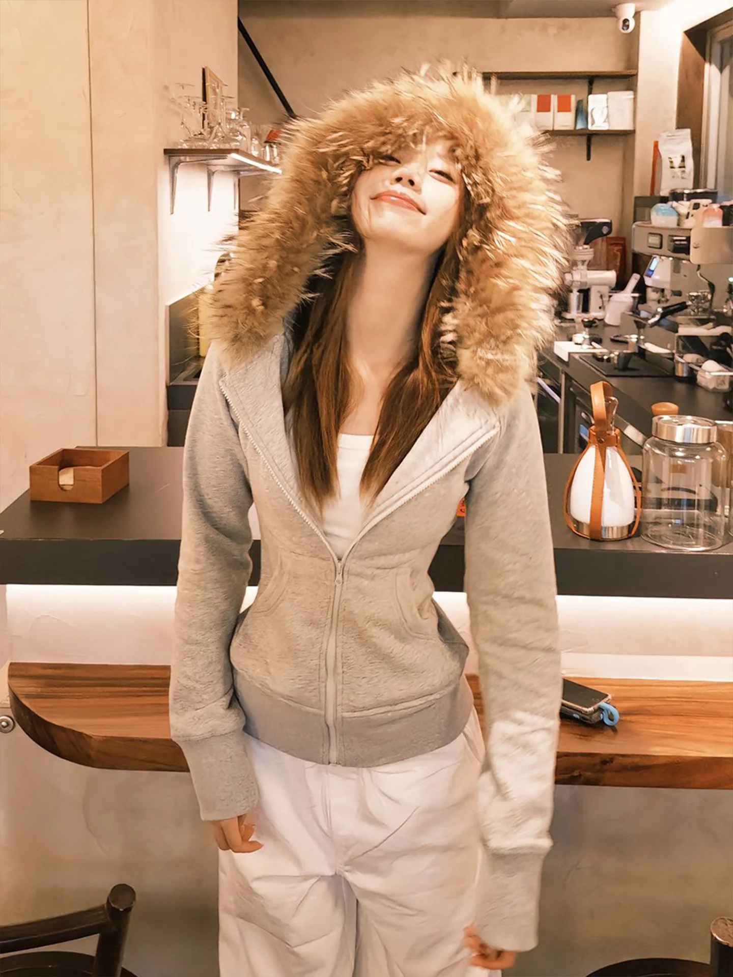

Retro American Sweatshirt Cardigan Women's Spring New Waist-cinching Slimming Fur Collar Lazy Style Hot Girl Top Versatile