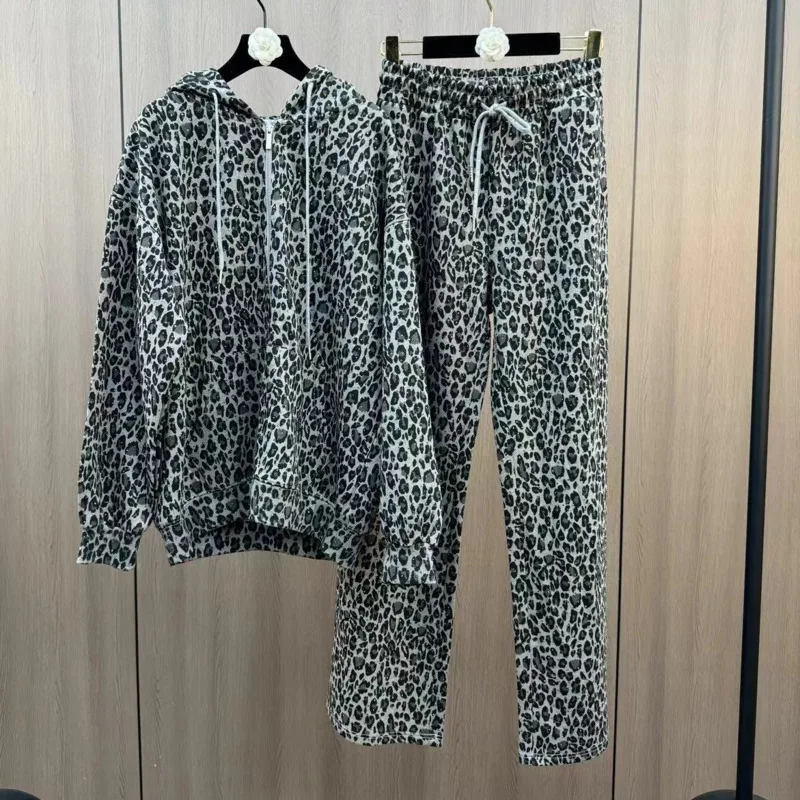 [ZOCI] Autumn Winter Hooded Long Sleeved  Heavy Industry Leopard Print Sweatshirt Cardigan Paired Straight