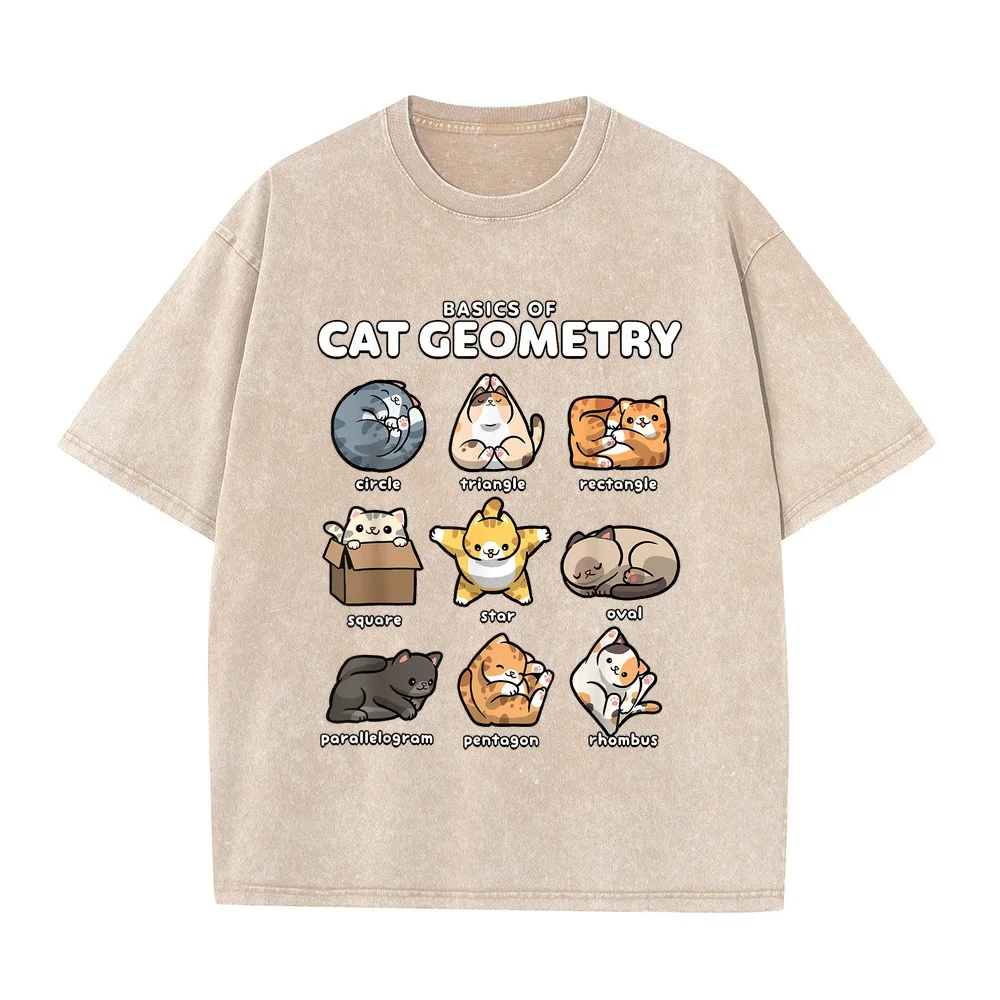 Basics of Cat Geometry Funny Shapes Design T-Shirt Cotton Tee White Men's T-Shirts Graphic For Girl Kitten Lover Short Sleeve