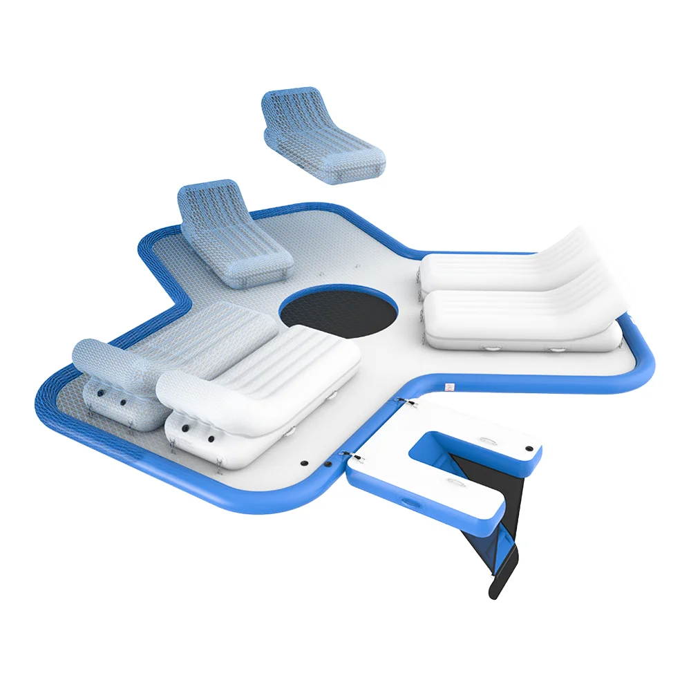 

White And Blue 0.9mm PVC Inflatable Floating Island With Loungers