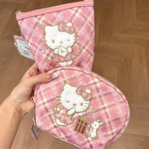 Sanrio Hello Kitty Pink Retro Grid Pattern Embroidery Storage Bag Double-Layer Zipper Large Capacity Portable Girl Easter Gift