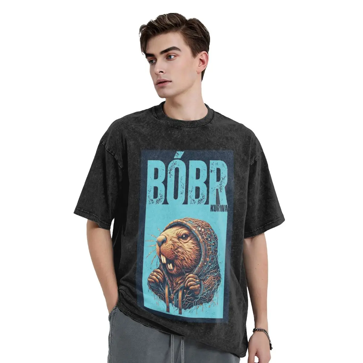 Bober Bbr Beaver Washed T Shirts Harajuku Short Sleeve Hip Hop T-Shirt Streetwear Tops Tees for Men Women
