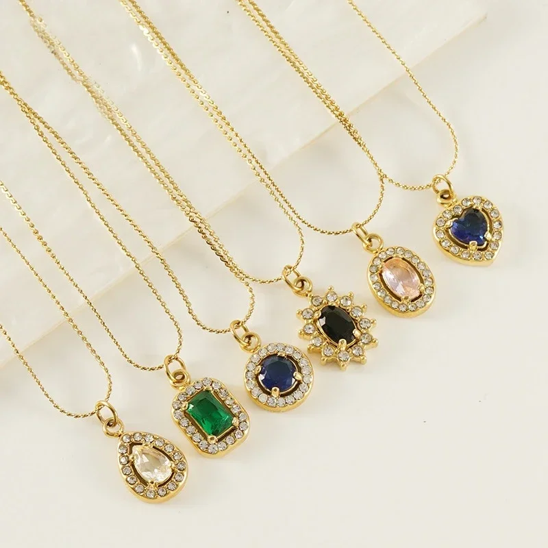

Fashion Luxury Stainless Steel Necklace Choker for Women Colorful Zirconia Teardrop Pendant Exquisite Jewellery Gifts
