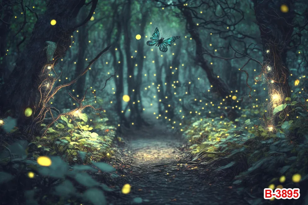 خلفية مشهد حالم لحديثي الولادة ، خلفية المغامرة ، حكاية خرافية ، الغابات والأدغال ، الفراشات ، القمر والليل ، اليراع وأرض العجائب