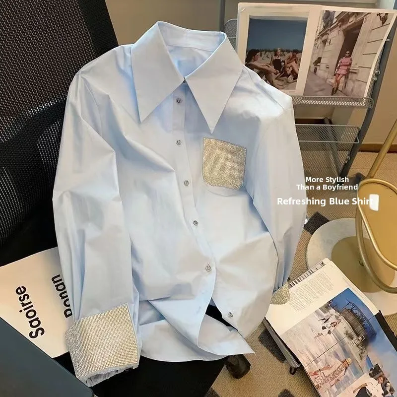 

Blue Rhinestone Long Sve irt Women's Spring Autumn New Sle High-End Feelings Commute Profional Interview Top Trendy