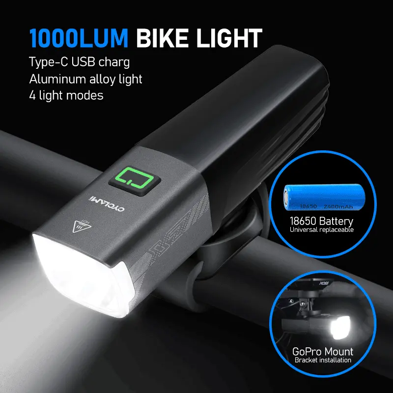 Cyclami x7 luzes faróis inteligentes usb recarregável estrada mountain bike luz dianteira 1000 lum bateria substituível gopro montável