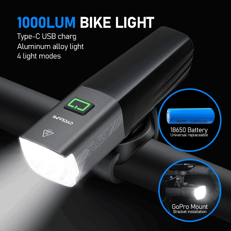 CYCLAMI X7 Lights Inteligentne reflektory USB Akumulator do roweru górskiego Przednie światło 1000 Lum Wymienny akumulator Możliwość montażu Gopro