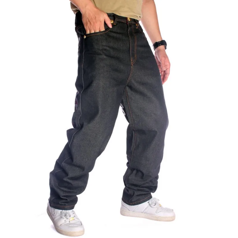 Plus Size Men's Trendy Loose Straight Skateboard Pants with Embroidered Street Dance Hip-Hop Style Baggy Men Jeans Streetwear