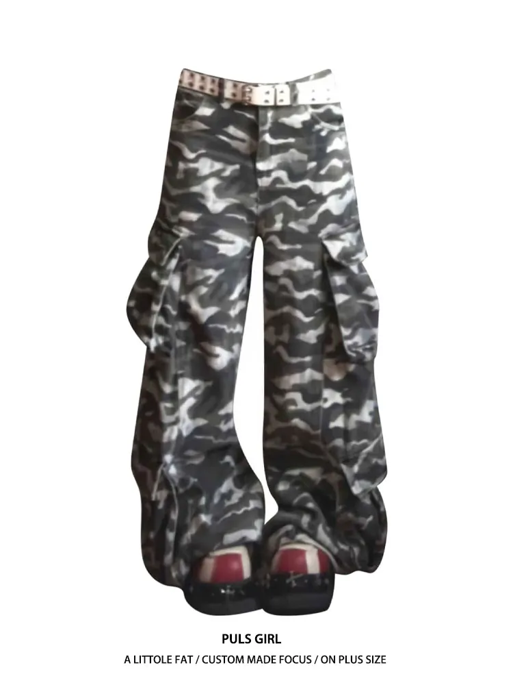 

Loose Women's Workwear Style High Waist Wide Leg Pants Casual Washed out Camo Multi Pocket Denim Jeans Drapey Loose Fit Trousers