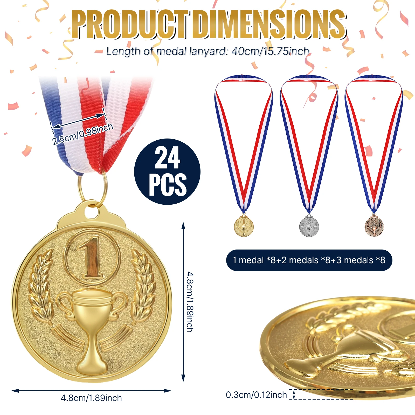 24 Stück Zinklegierungs-Auszeichnungsmedaillen in Gold, Silber und Bronze, 1., 2. und 3. Platz-Preise, Siegermedaillen für Sportveranstaltungen und Schulpreise – Detail 8
