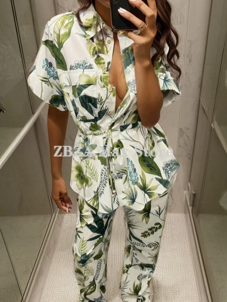 ZBZA Print Shirt Trousers Suit Lapel Collar Adjustable Drawstring Waist Top Side Pockets Straight Leg Pant New Female Chic Set