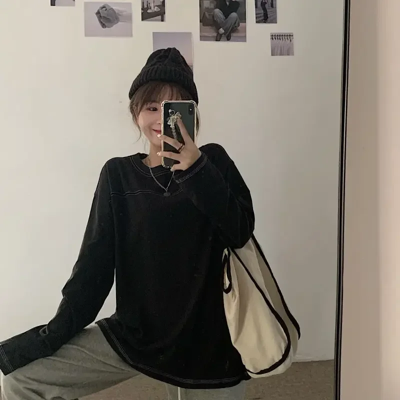 長袖 Tシャツ レディース ルーズ 春 原宿 ミニマリスト カジュアル 学生 ソフト デイリー オールマッチ 人気 ヴィンテージ ファッション イン 新作