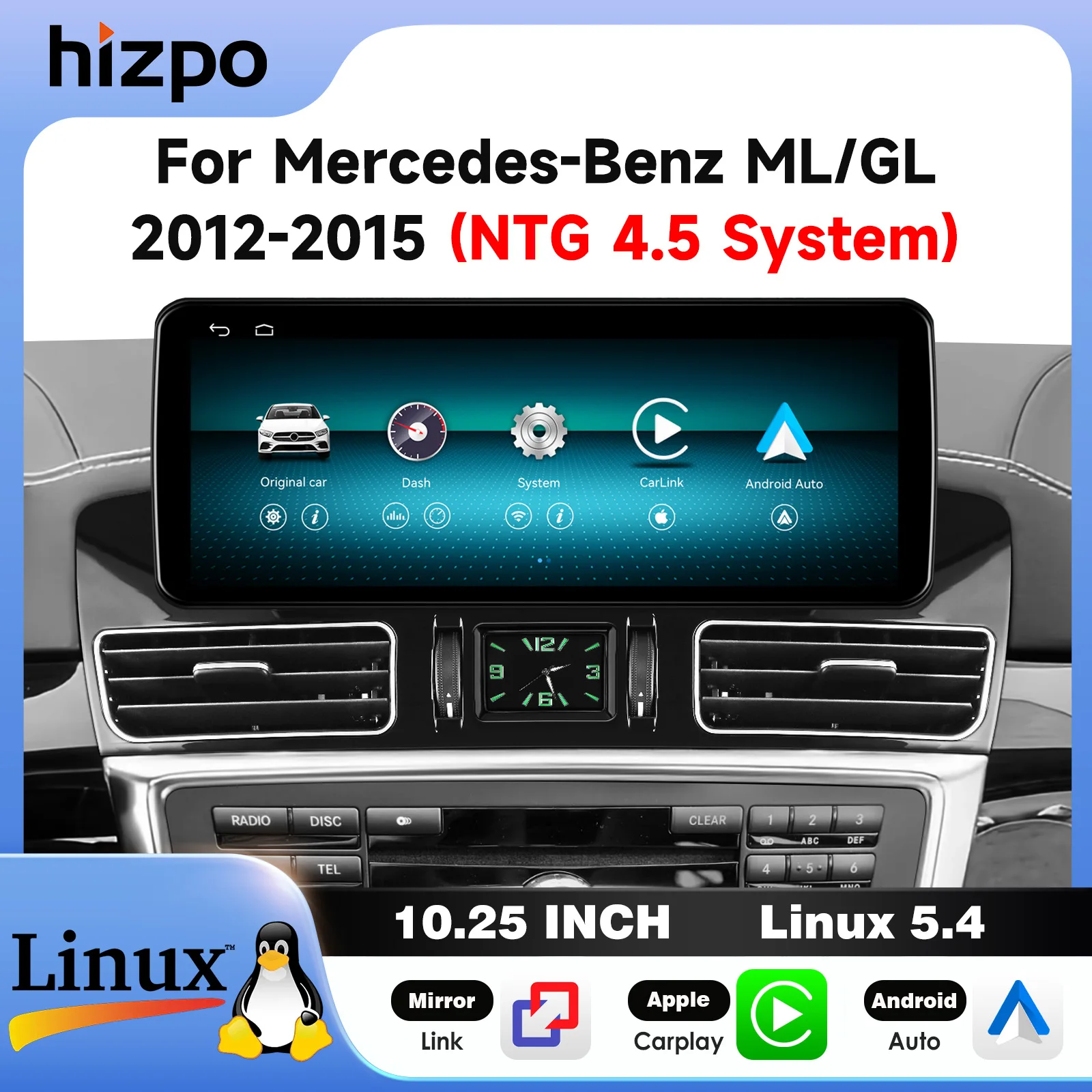 Hizpo 10,25 Zoll/12,3 Zoll Autoradio für Mercedes Benz ML GL 2012 - 2015 NTG 4.5 Infotainment-System Kabelloses CarPlay Mirror Link Bluetooth Linux 5.4