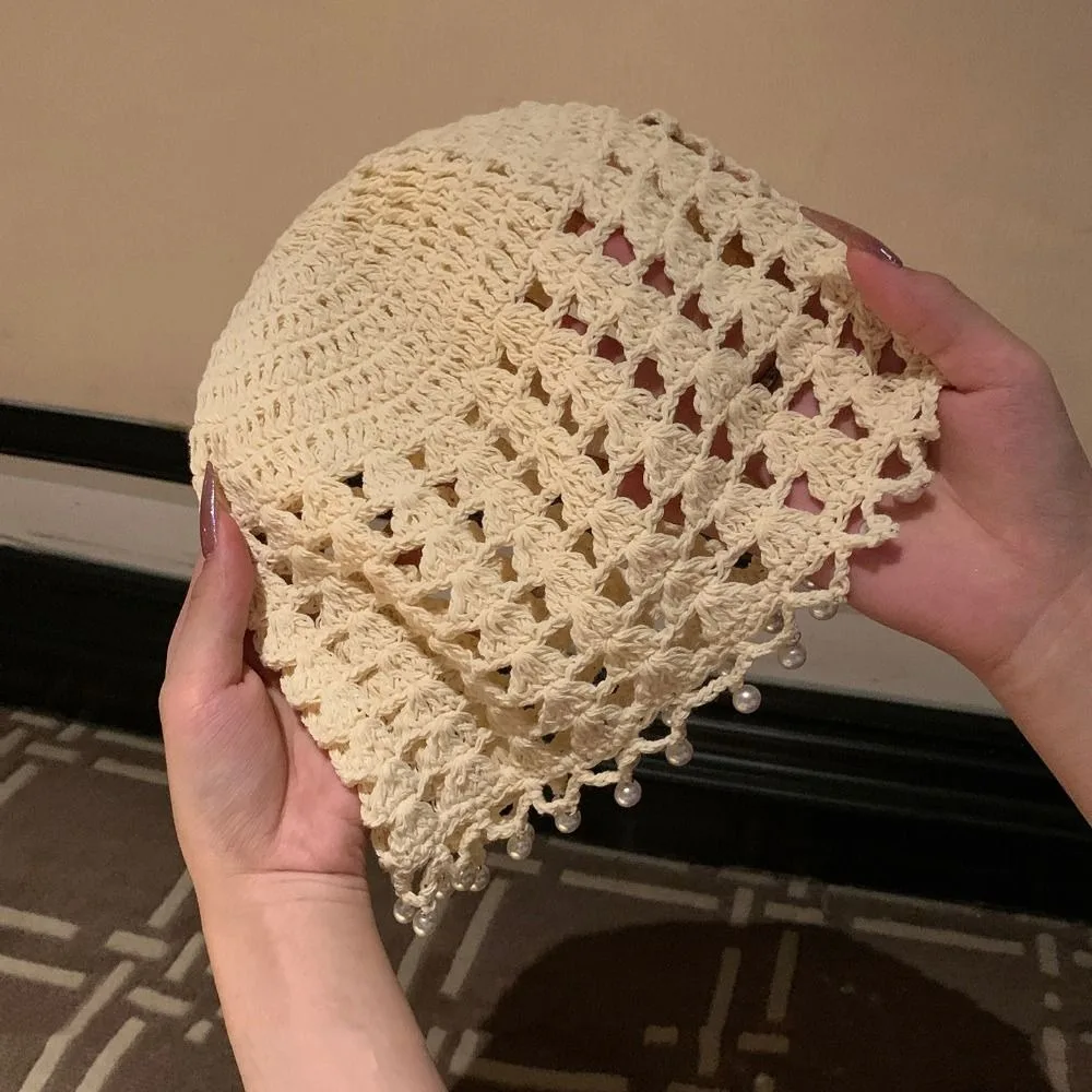 Retro Sweet Crochet Hollow Knitted Hat Beads Tassels Hollow Out Ethnic Style Hat Korean Bohemian Style Weave Cap Outdoor