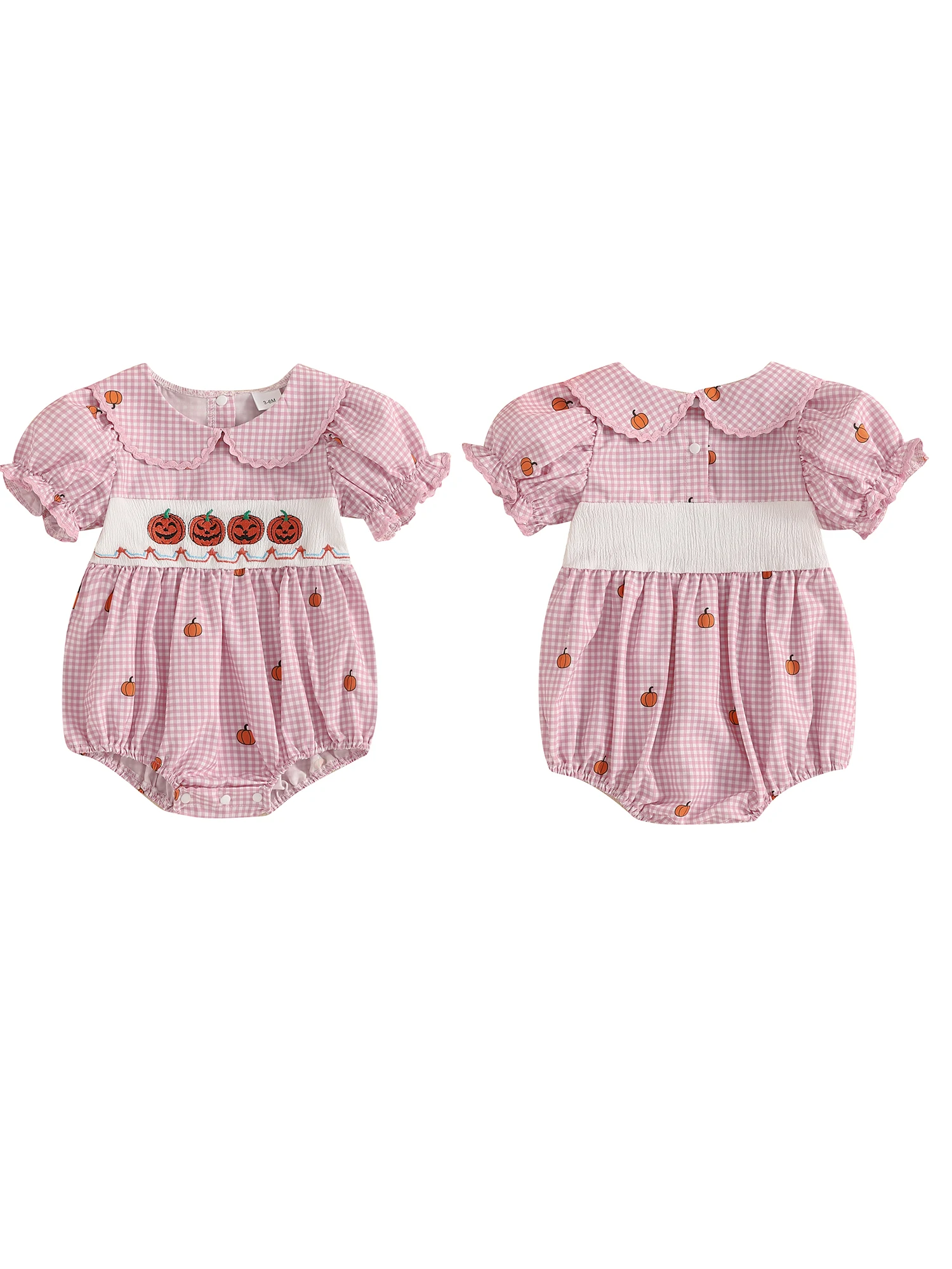 

Infant Halloween Costume Short Sleeve Pumpkin Print Romper Plaid Bubble Bodysuit Doll Collar Jumpsuit for Baby Girl