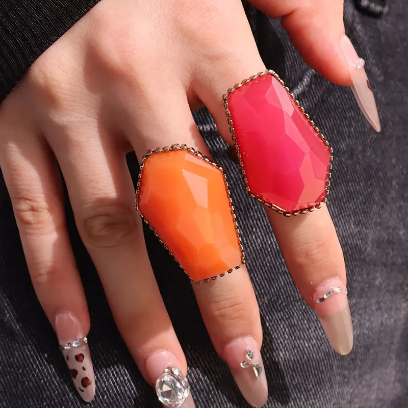 Exaggerated Abnormal Irregular Orange Rose red Resin Metal Chunky Ring for Women Girl Vintage Jewelry HUANZHI 2024 NEW INS