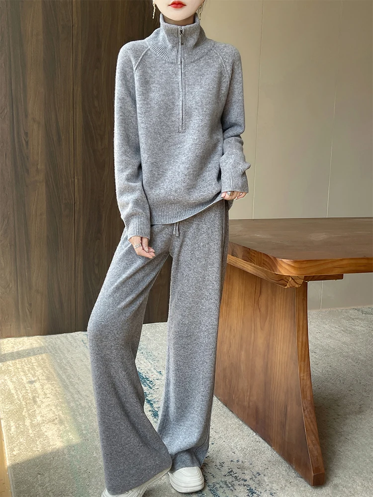 Women's 2-Piece Fashion Set High Neck Zipper Pullover Sweatshirt High Elastic Waist Wide-Leg Trousers Pure Wool Pants Ensemble