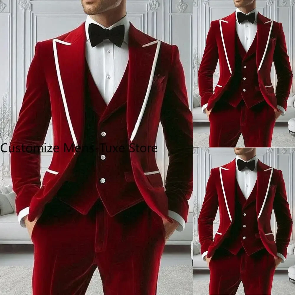 Ternos masculinos de veludo borgonha, jaqueta de 3 peças com peito único e calças colete, feito sob encomenda, smoking de casamento para homens