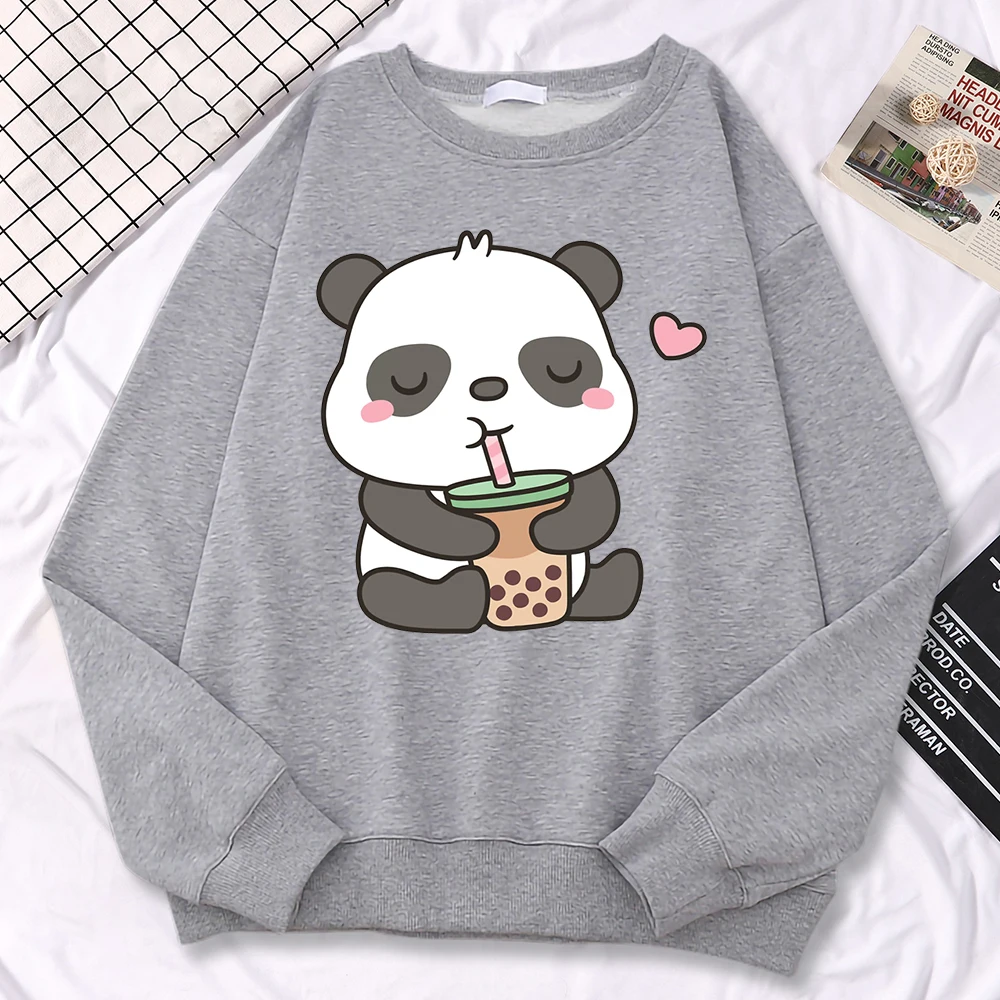 Simple Casual Womens Sweatshirts Pandas Love Drinking Pearl Milk Tea Print Hoodies Warm Fleece Pullovers Crewneck Soft Clothes