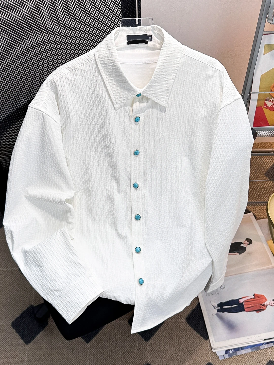 

Мужская рубашка на пуговицах с длинным рукавом, однотонная, с воротником-стойкой, в американском стиле, весенне-осенняя, трендовая