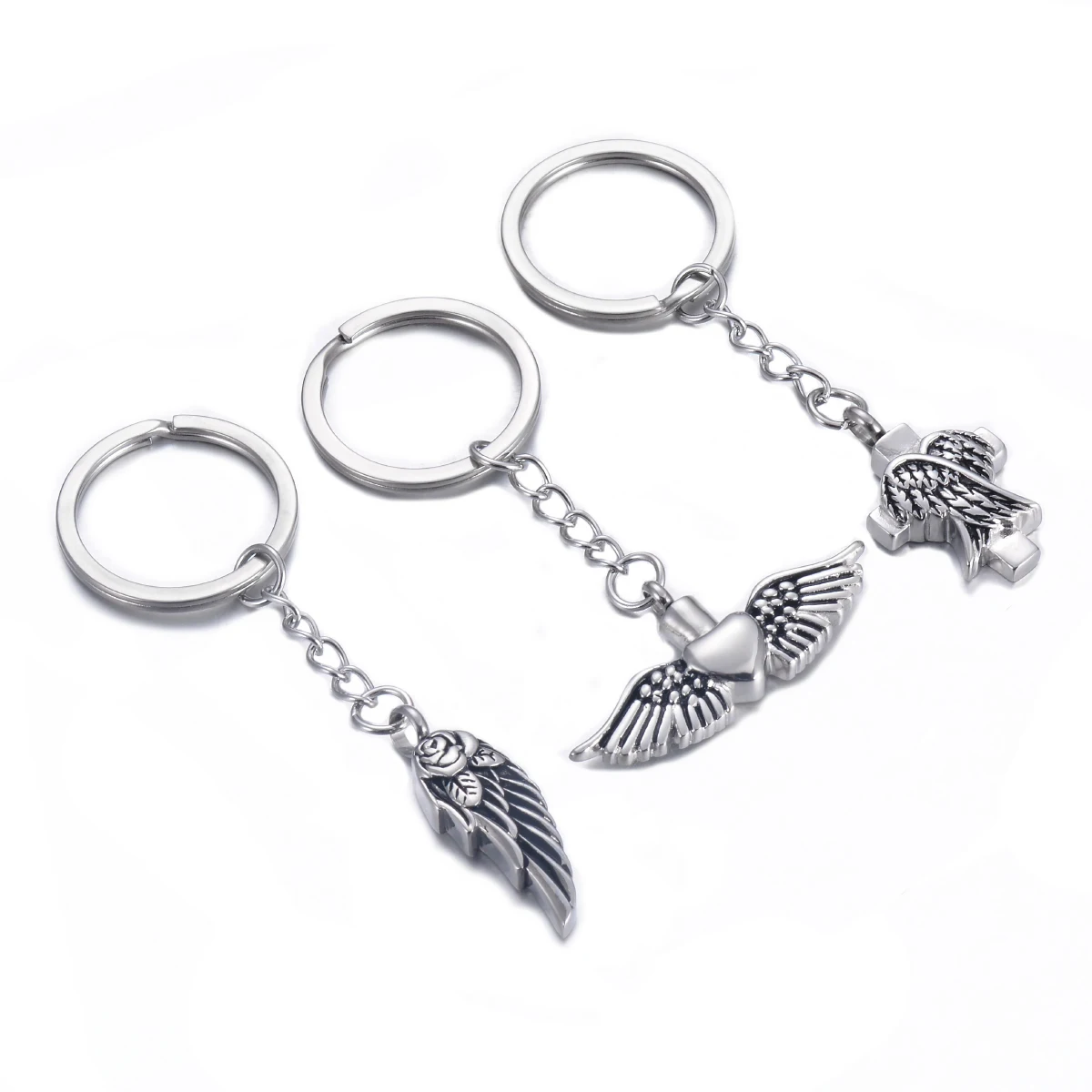 Retro Stainless Steel Enamel Cremation Jewelry Heart  Rose Angel Ash Pendant Key Chain Keepsake Memorial Ashes Filler Keyring