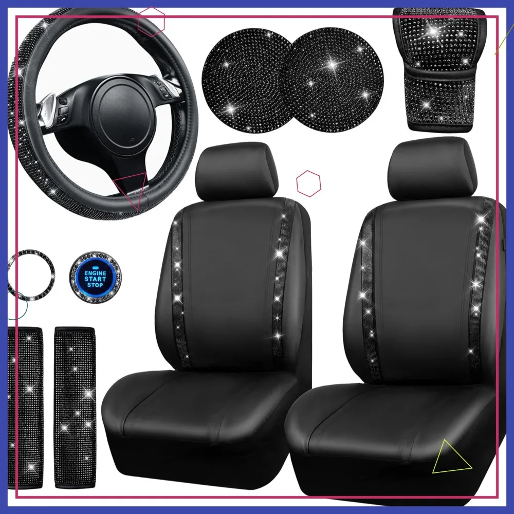 

Набор чехлов для автомобильных сидений с блестящими стразами и чехлом для руля, дизайн «Черный бриллиант» для женщин