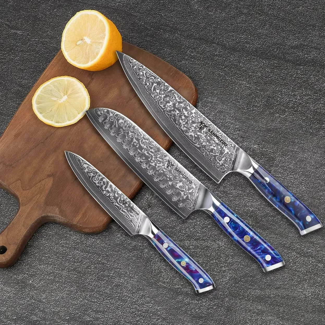 SANMUZUO 3PCS Kitchen Knife - Xuan Series - VG10 Damascus Steel Kitchen Knives Chef Utility Santoku Knife - Resin Handle