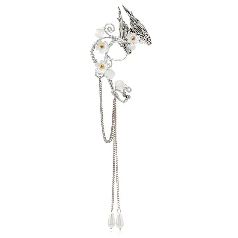 Angel Wings Fairy Ear Cuffs Aesthetic Long Tassel Elf Ear Cuffs Silver Flower Pearls Non-Piercing Earrings