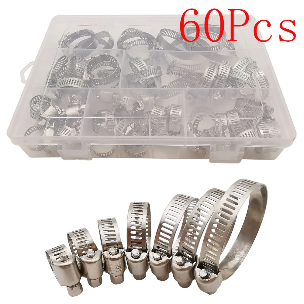 60Pcs/Box Multi Size Stainless Steel Hoop Clamp Automotive Fuel Pipe Tube Clip 8mm-38mm Adjustable Hose Hoop Clamp Fixed Tool