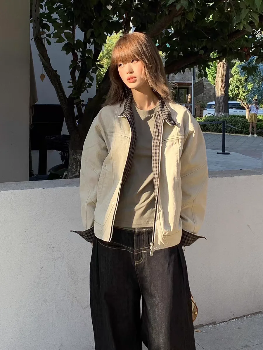 

Bomber Jackets Oversized Streetwear Womens Autumn Cashmere Collared Plaid Knitted Buttoned Checkered Vintage Ladylike Classical