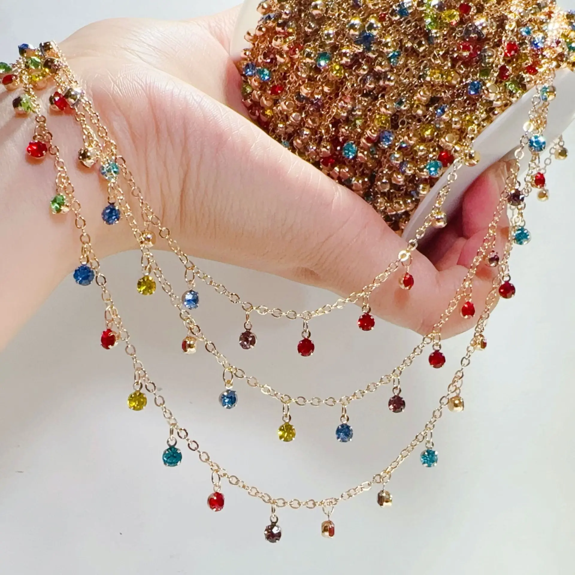 0.5/1/2 Meter Dopamine Colored Rhinestones Copper Chain Ancient Style Hair Accessories Costume Tassel Chain DIY Jewelry Making