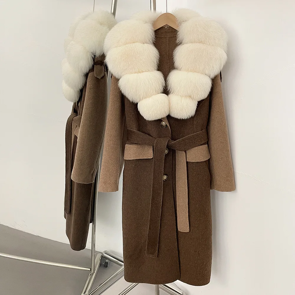 เสื้อโค้ทขนสัตว์ผสมสำหรับผู้หญิง ฤดูใบไม้ร่วง-ฤดูหนาว ปี 2025  ดีไซน์หรูหรา อุ่นสบาย  คอปกขนจิ้งจอกแท้  ผ้าแคชเมียร์สองด้าน