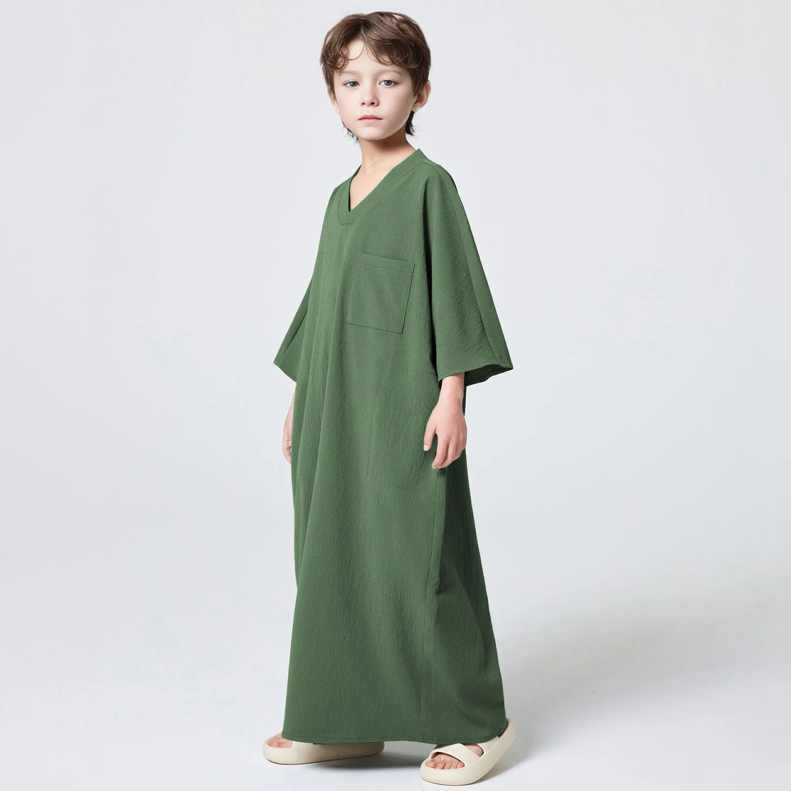 

Middle Eastern Boys Solid Colour Pocket Short Sleeve Loose Robe Islam Solid Long Sleeve Kaftan V Neck Robe Children Muslim Robes