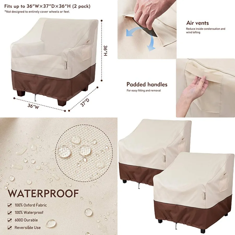 

Patio Chair Covers Waterproof Outdoor Furniture Large Chair Cover Fits up to 36 W x 37 D x 36 H 2pack