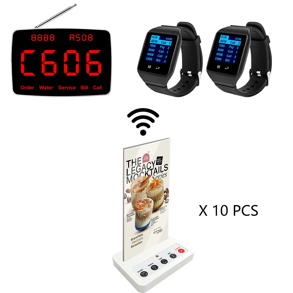 1 Display Receiver 2 Waiter Wrist Watch in Vibration 10 Call Button Restaurant Wireless Calling System